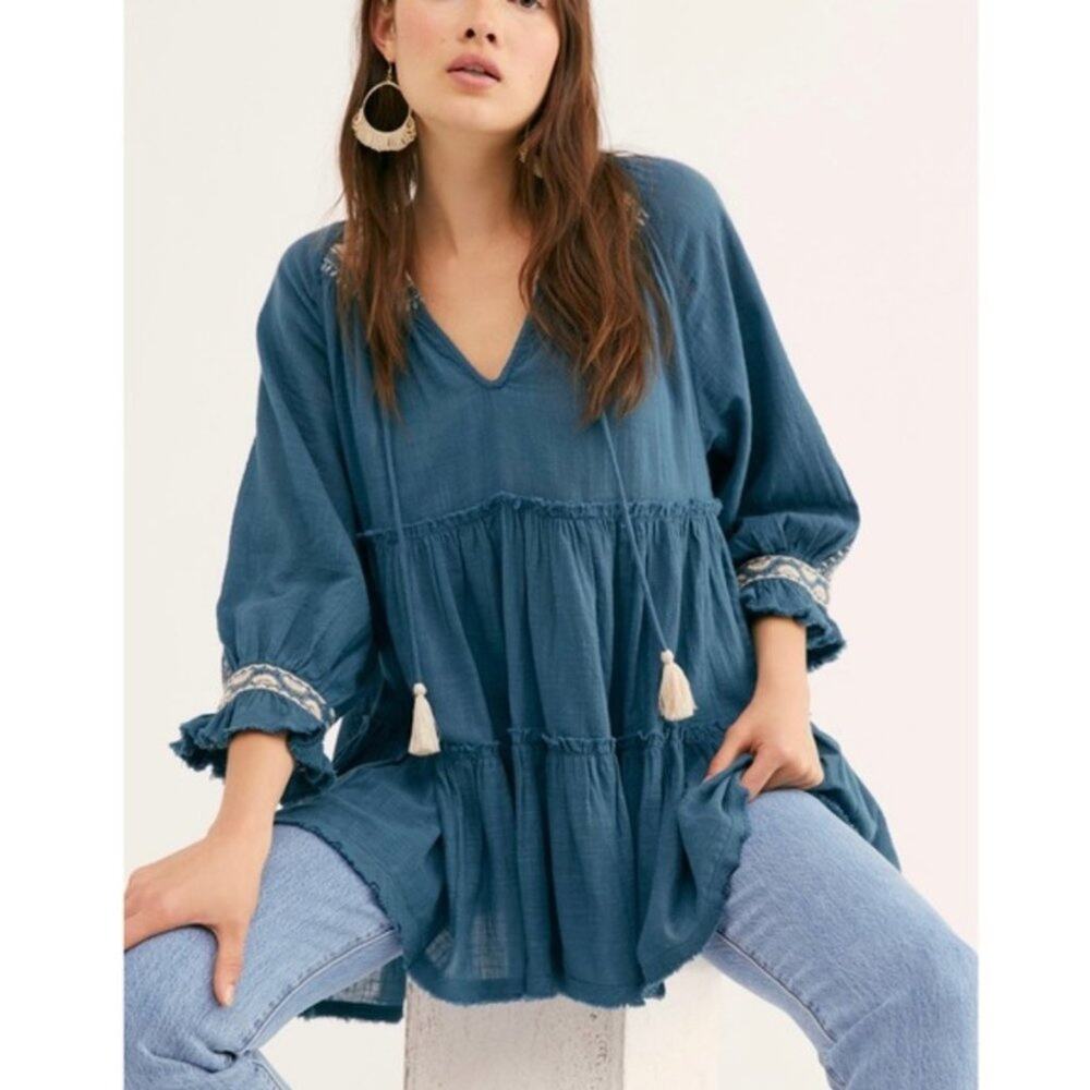 Free People Dreamweaver Tiered Embroidered 100% Cotton Boho Tunic Top Size XS